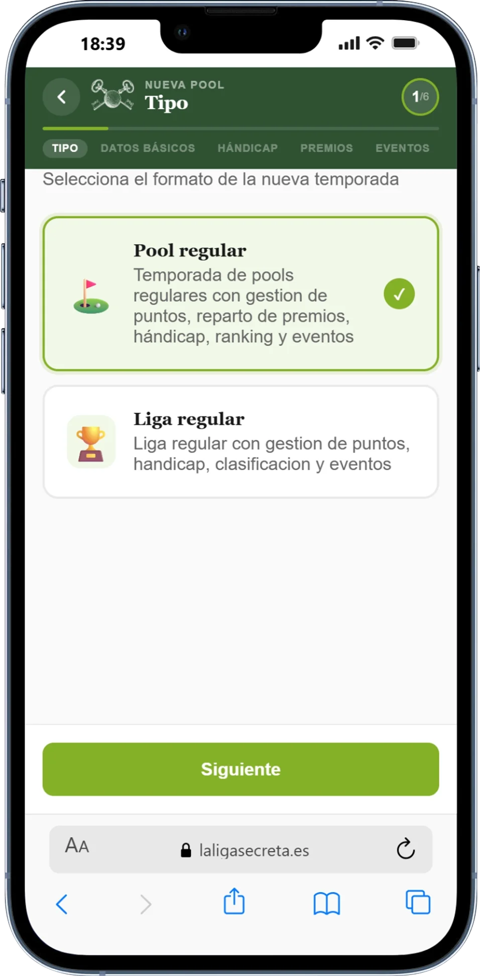Selección de tipo de liga